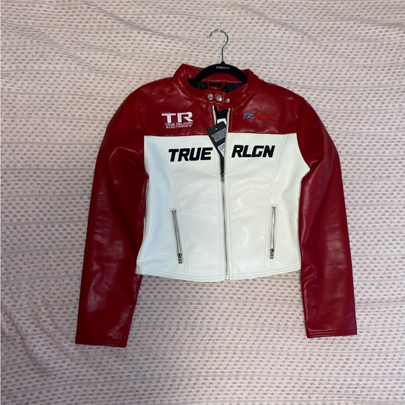 True Religion Women's Red and White Racing Leather Jacket - Picture 2 of 10